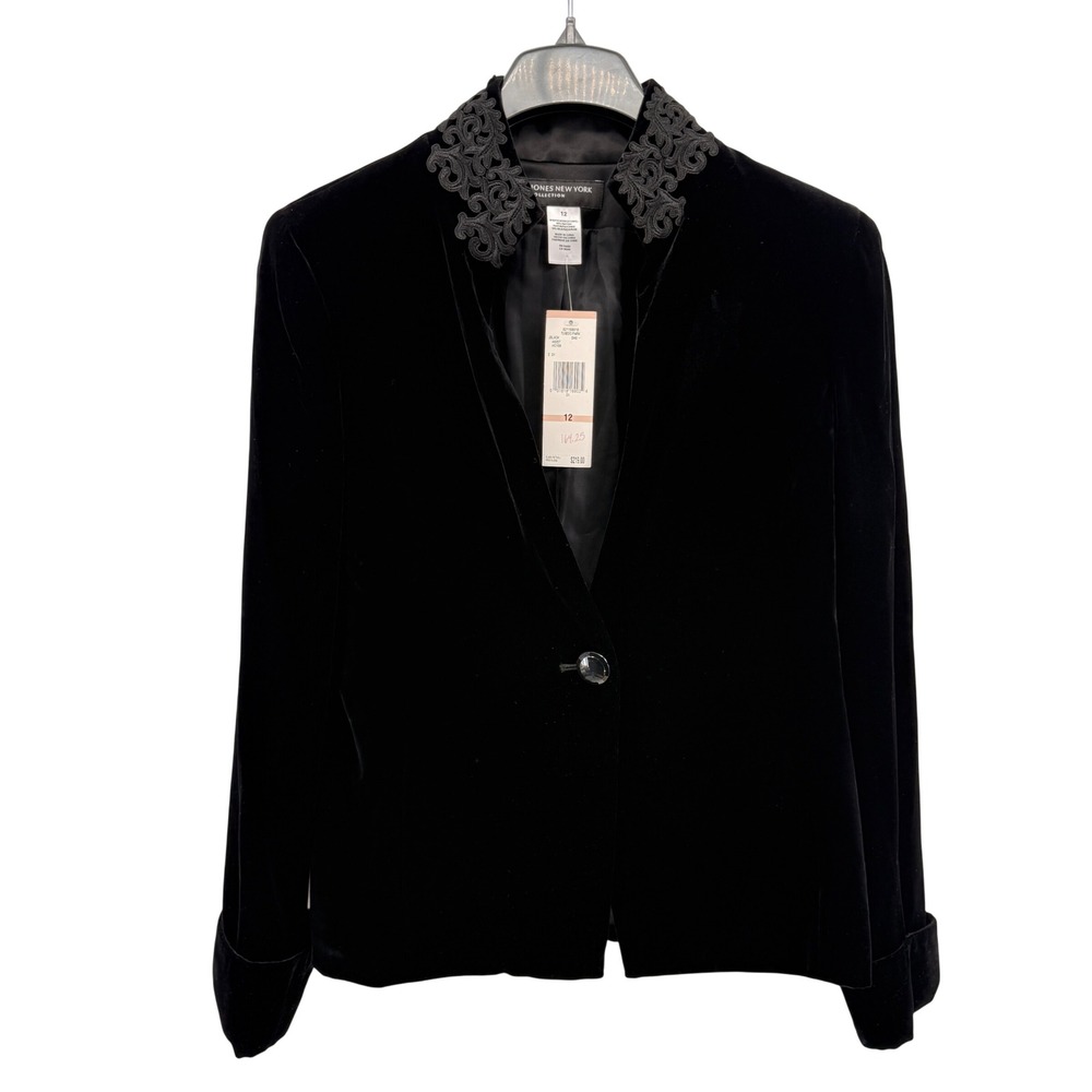 NEW Jones New York Tuxedo Park Blazer Womens 12 Jacket Black Velvet Lace Collar